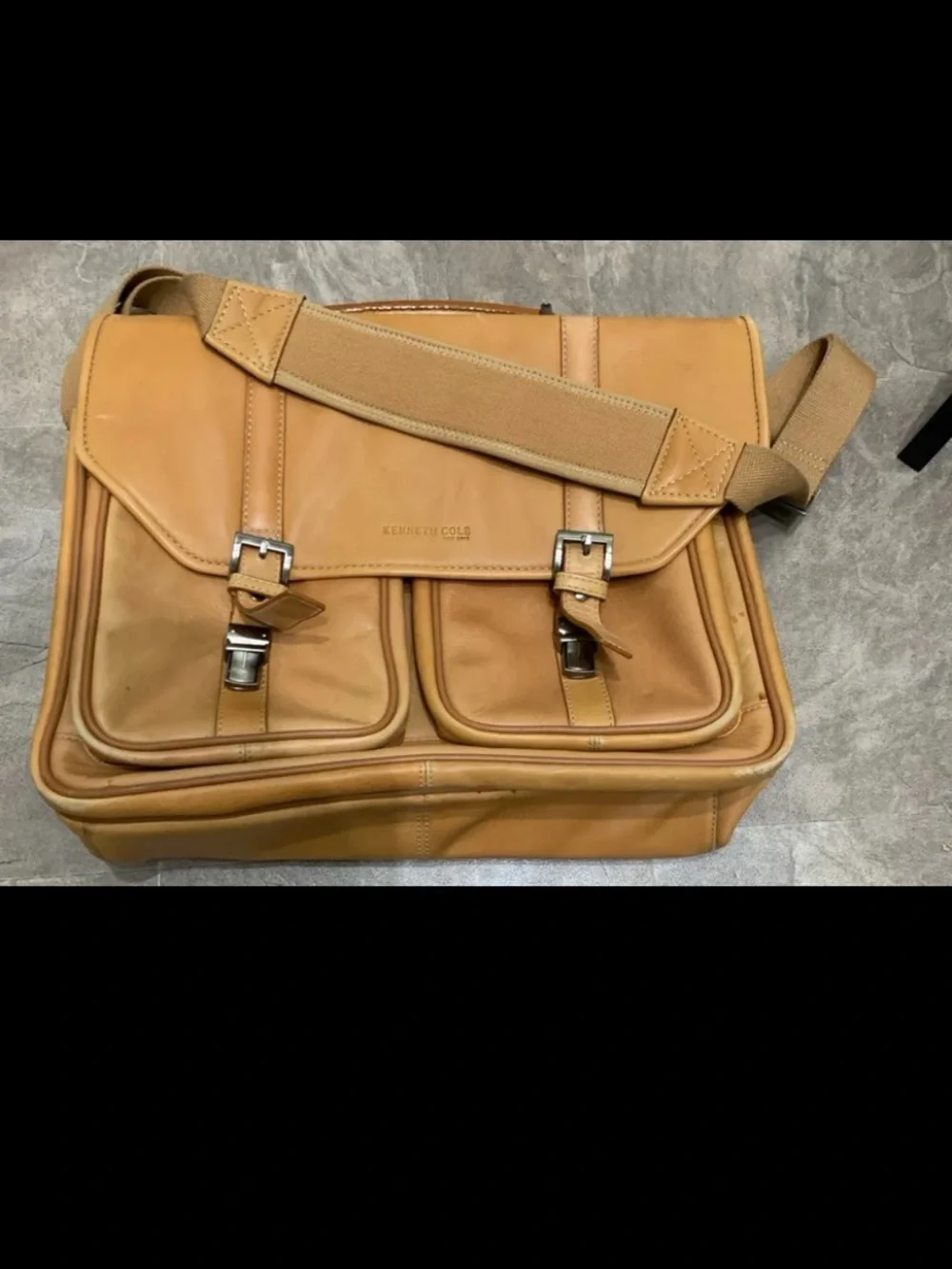 Kenneth Cole Cognac Leather Messenger Bag with Front Buckle Pockets